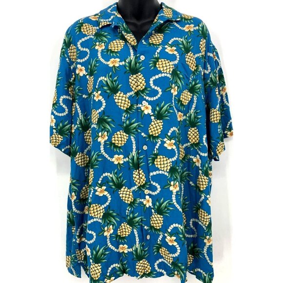 Reyn Spooner Men Hawaiian Shirt Size 2XL Blue Pineapple Vintage Rayon Button Up - Picture 1 of 7